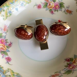 Vintage Kreisler 14KT Tie Clip n Cufflinks Gold-fleck Brown cabochon, Stamped